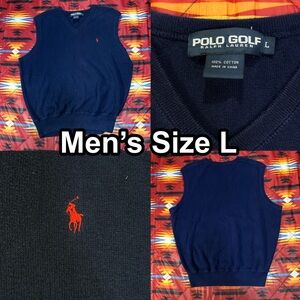 Polo Golf Ralph Lauren Sweater Vest Blue Cotton V-Neck Men's Size Large Preppy
